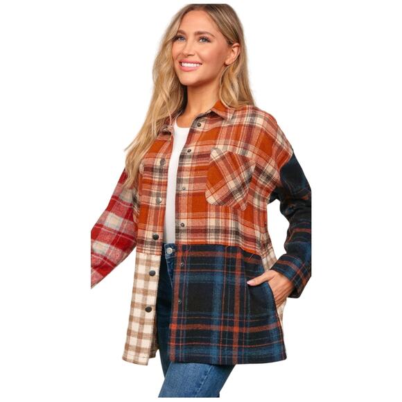 FLANNEL LOOSE FIT‎ COLOR BLOCK SNAP BUTTON DOWN PLAID JACKET SHACKET POCKETS - Picture 7 of 10